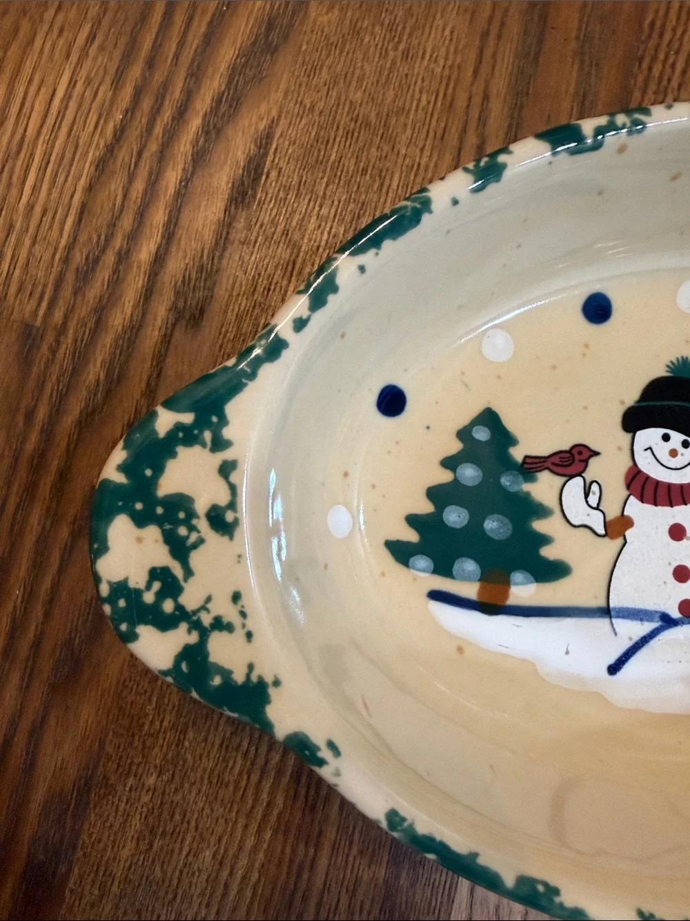 Cream and Green Snowman Ceramic Bakeware Dish